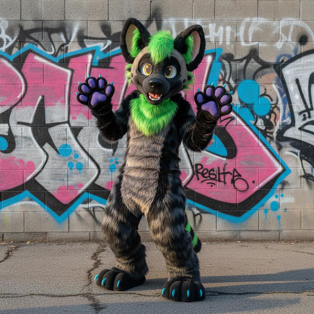 Digitigrade fursuit with green hair in front of a graffiti wall
