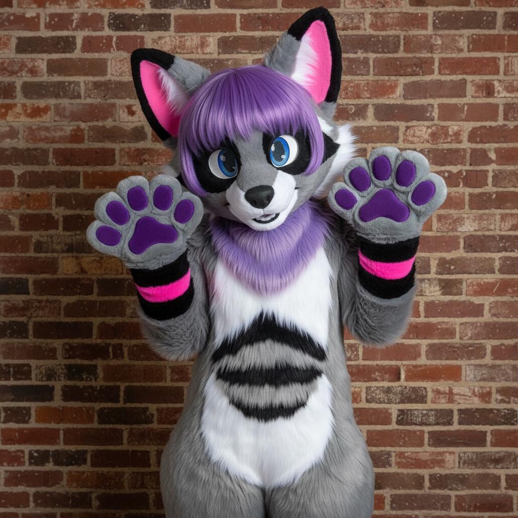 Purple and grey partial fursuit with puffy paws by Fursuit Hub